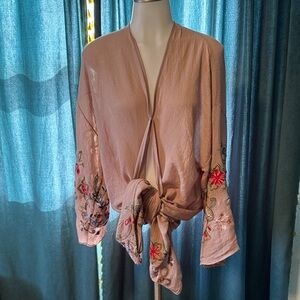 Three Birds Nest - Embroidered Tie-Front Women’s kimono Top in Dusty Rose